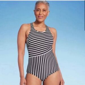 Lands' End - Striped High Neck Tugless One Piece Swimsuit - Black/White - M -new